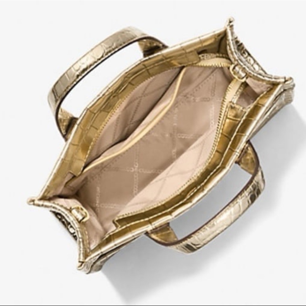 Michael Kors Gigi Small Metallic Crocodile Embossed Leather Messenger, Pale Gold - Picture 2 of 12